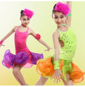 Hot pink fuchsia violet  neon green fluorescent orange patchwork colored girls kids children performance competition professional latin salsa cha cha dance dresses